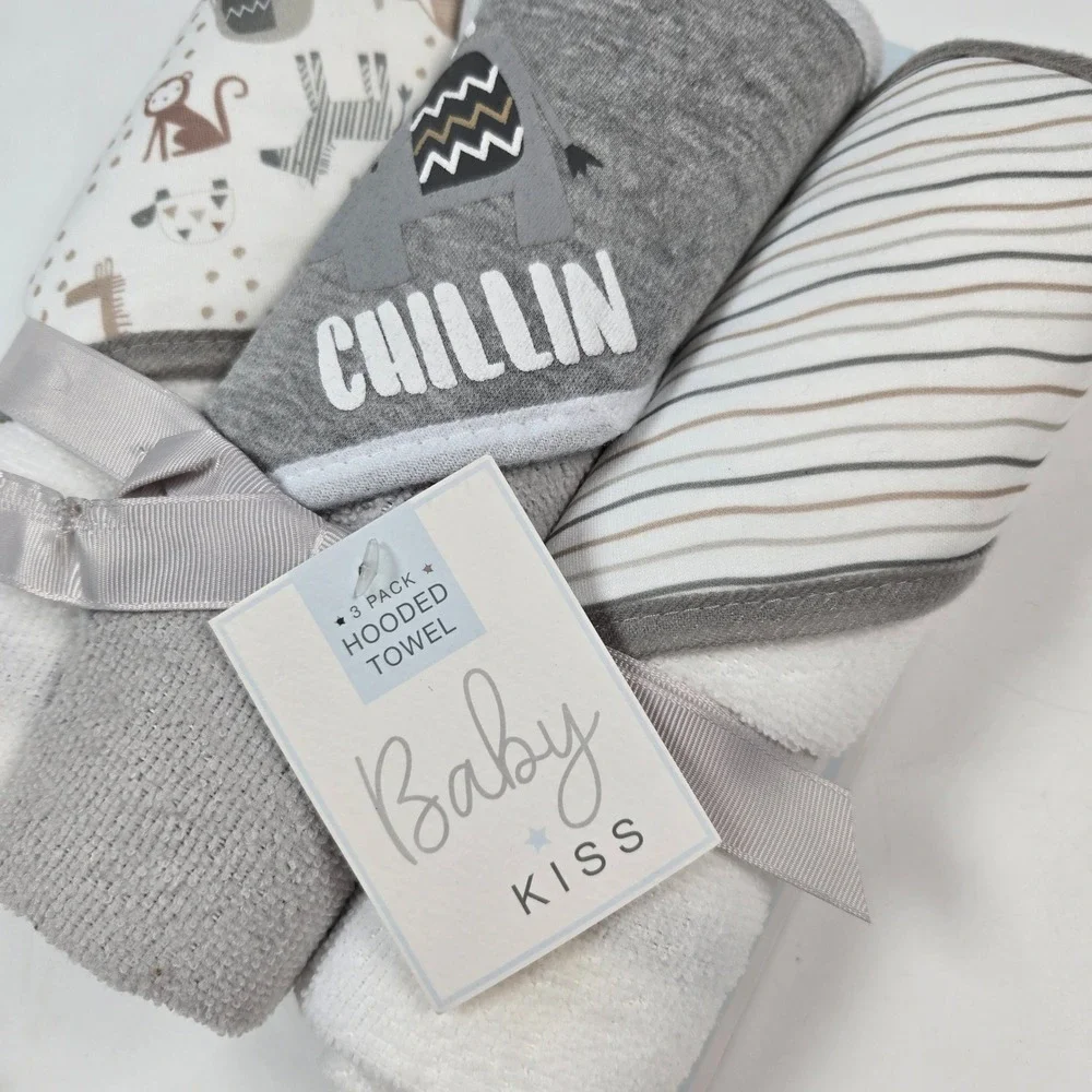 Baby Kiss Hooded Towel Unisex Gray 3 Pack Safari Elephant Chillin Bath‎ Set Gift